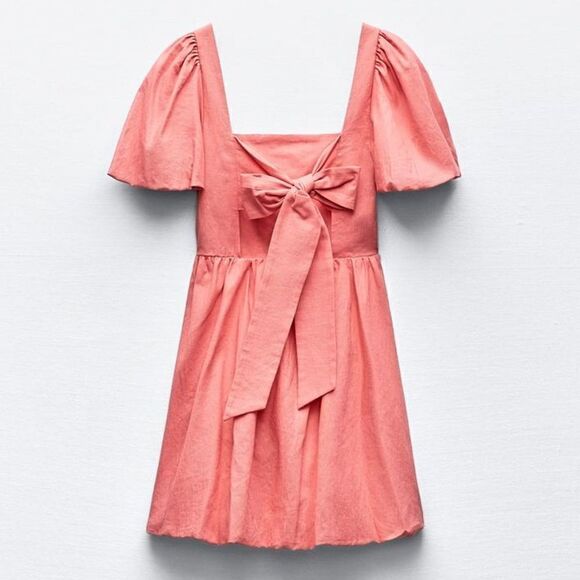 ZARA LINEN BLEND BOW MINI DRESS - Picture 5 of 5